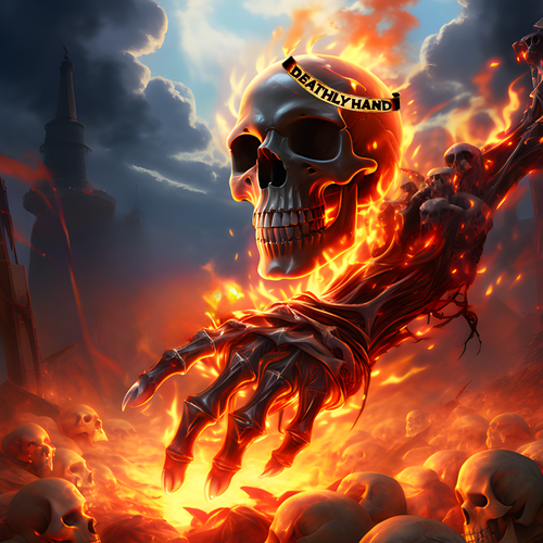 skeletal hand rising from flames surrounded by skulls amidst a backdrop of infernal brimstone let2.png