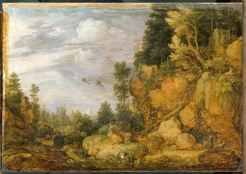 Hondecoeter, Gillis Claesz de Скалистый пейзаж с оленями и козами, 1620, 17,7 cm x 26,5 cm, Дерево, 