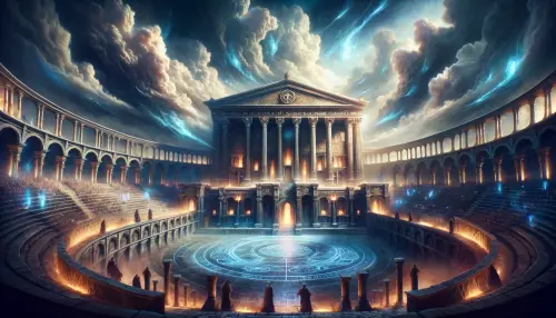 DALL·E 2024 02 08 21.53.20 An ancient, mystical coliseum stands imposingly under a dramatic sky fill.webp