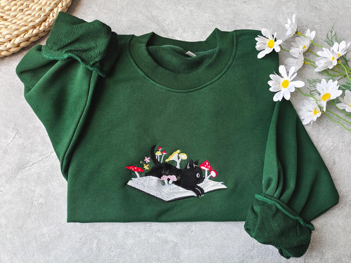 Embroidered Cute Black Cat and Books Embroidered Sweatshirt, Embroidered Mushroom Crewneck, Mushroom.jpg