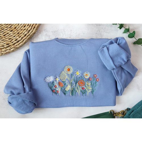 Embroidered Wildflowers Embroidered Crewneck, Vintage Sweatshirt, Fine Line, Floral Embroidered Swea.jpg