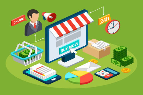 Digital marketing service isometric concept with online shop on green background 3d vector illustrat.jpg