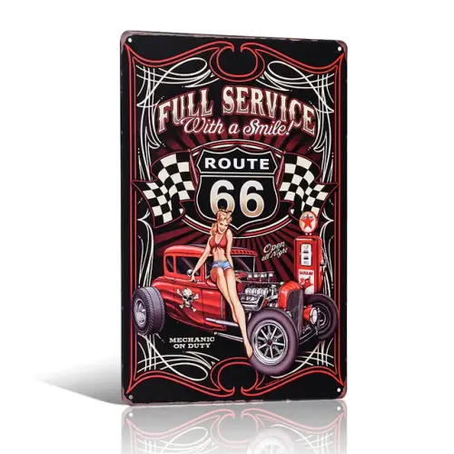 Metal Tin Sign Route 66 Full Service with a Smile Hot Rod Pin up Girl Garage.jpg 640x640.webp