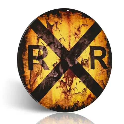 Vintage Railroad Crossing Sign Distressed 12 Inch Round Metal Wall Decor Railfan Train Lover Gifts.j.webp