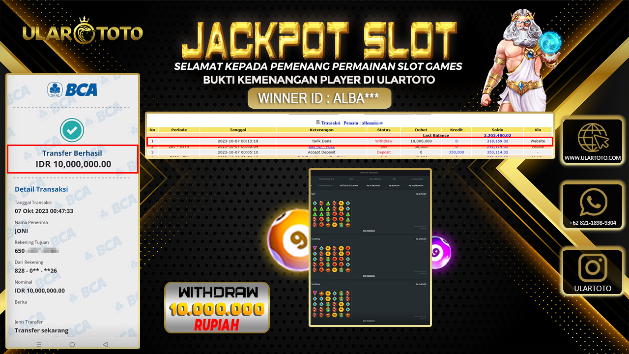 BUKTI PEMBAYARAN ULARTOTO HARI INI SLOT GAMES 7 OKTOBER 2023 Rp. 10.000.000, - LUNAS
