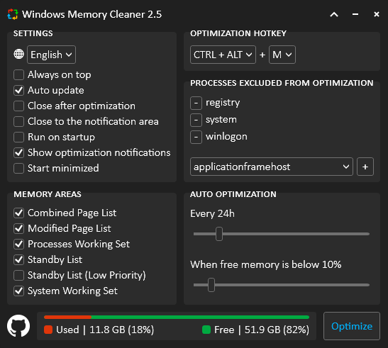 Windows Memory Cleaner software interface
