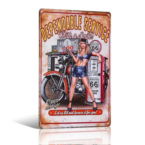 Dependable Service With A Smile Motorcycle Biker Pin Up Route 66 USA Garage Hot Rod Wall.jpg 640x640.webp