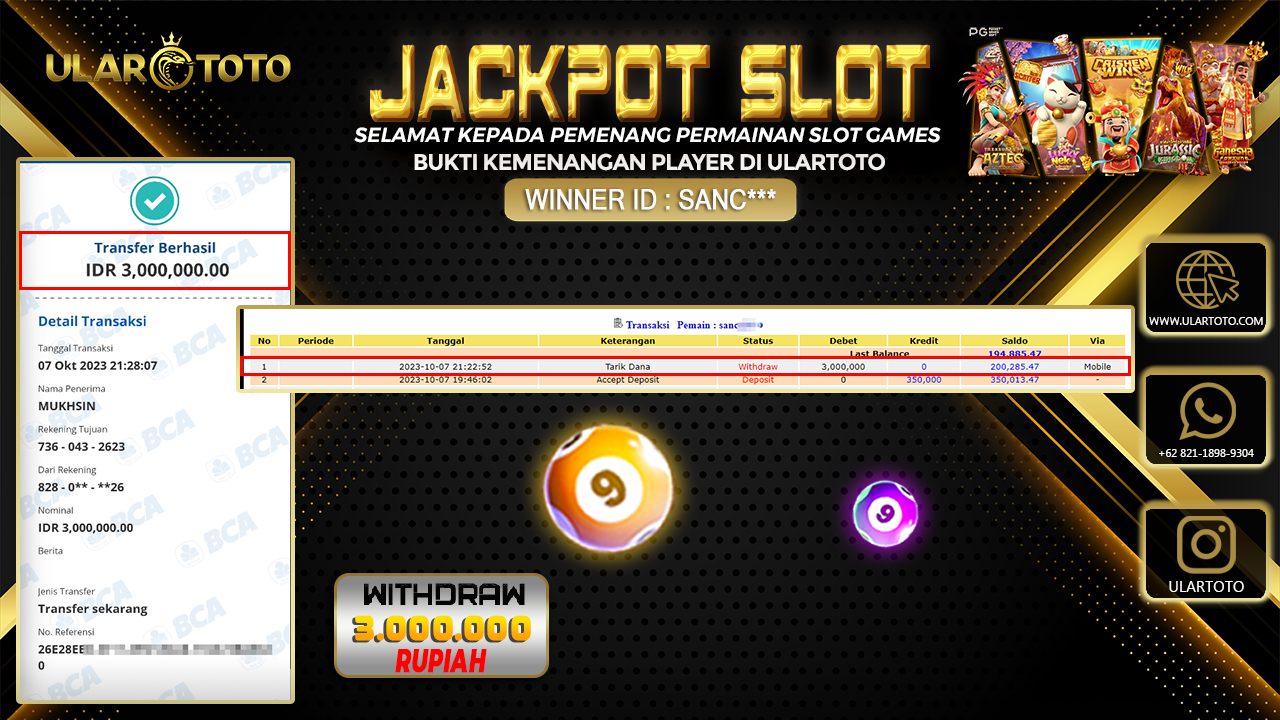BUKTI PEMBAYARAN ULARTOTO HARI INI SLOT GAMES 9 OKTOBER 2023 Rp. 3.000.000, - LUNAS