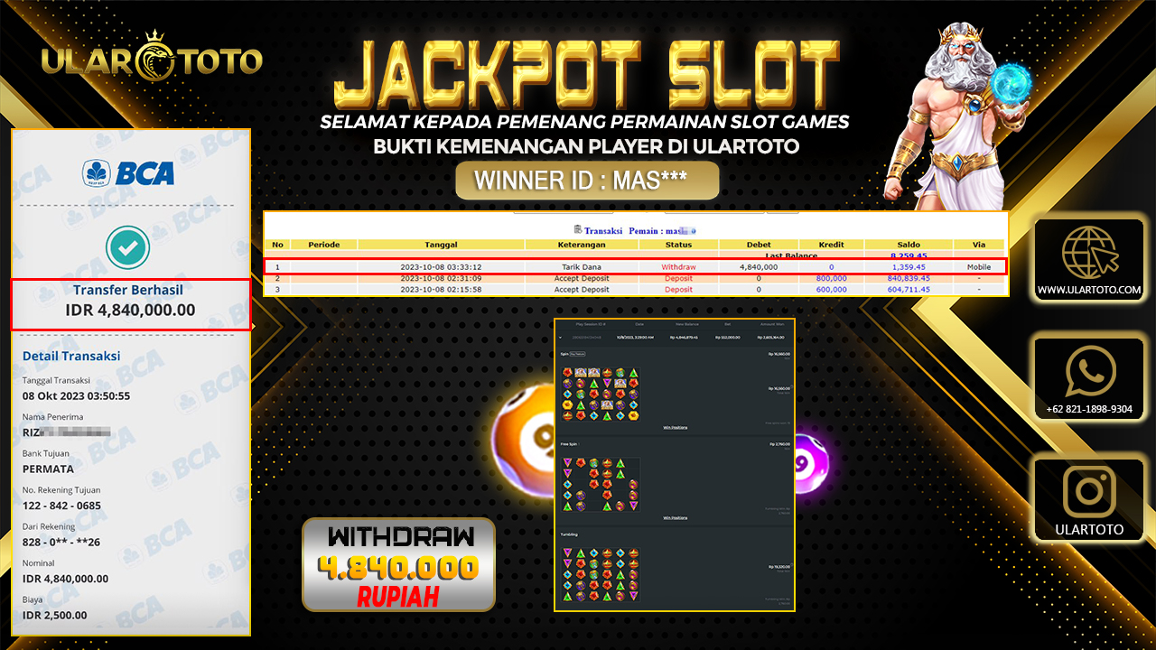 BUKTI PEMBAYARAN ULARTOTO HARI INI SLOT GAMES 9 OKTOBER 2023 Rp. 4.840.000, - LUNAS