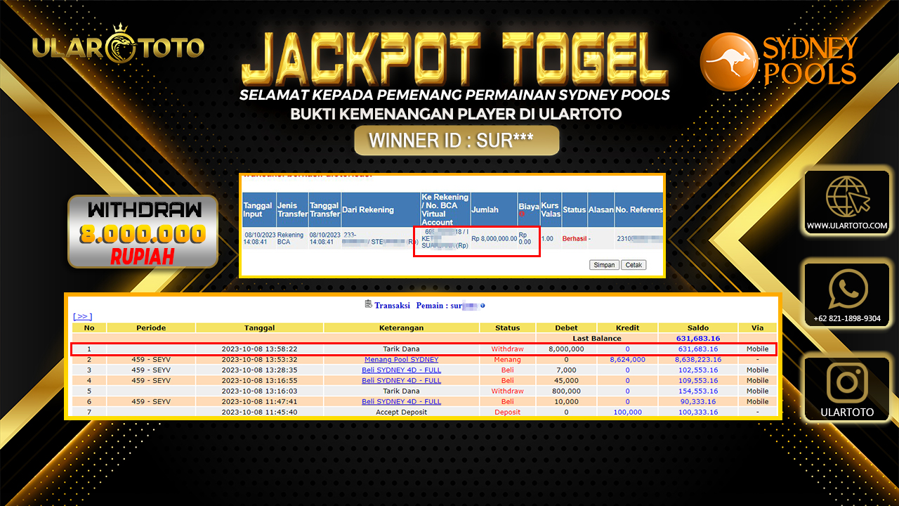 BUKTI PEMBAYARAN ULARTOTO SYDNEY POOLS 9 OKTOBER 2023 Rp. 8.000.000 - LUNAS