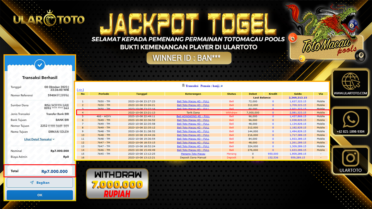 BUKTI PEMBAYARAN ULARTOTO TOTO MACAU POOLS 9 OKTOBER 2023 Rp. 7.000.000 - LUNAS