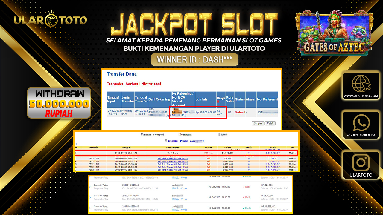 BUKTI PEMBAYARAN ULARTOTO HARI INI SLOT GAMES 9 OKTOBER 2023 Rp. 50.000.000, - LUNAS