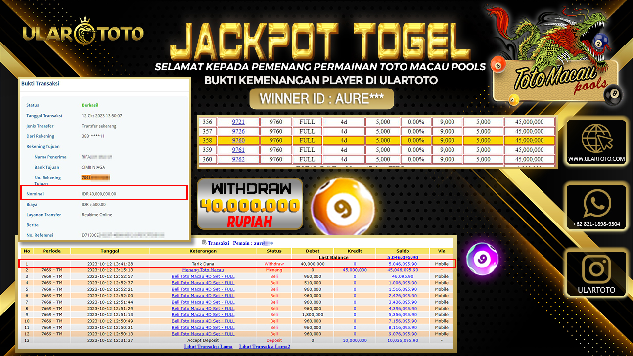 BUKTI PEMBAYARAN ULARTOTO TOTO MACAU POOLS 12 OKTOBER 2023 Rp. 40.000.000 - LUNAS