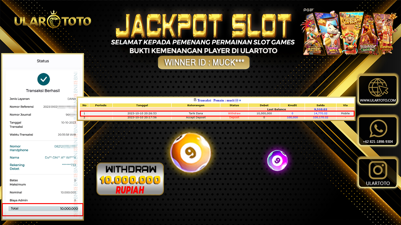 BUKTI PEMBAYARAN ULARTOTO HARI INI SLOT GAMES 11 OKTOBER 2023 Rp. 10.000.000, - LUNAS