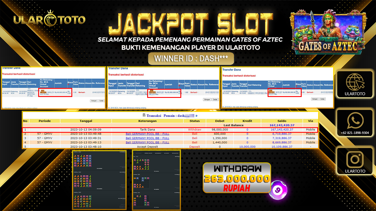 BUKTI PEMBAYARAN ULARTOTO HARI INI SLOT GAMES 13 OKTOBER 2023 Rp. 263.000.000, - LUNAS