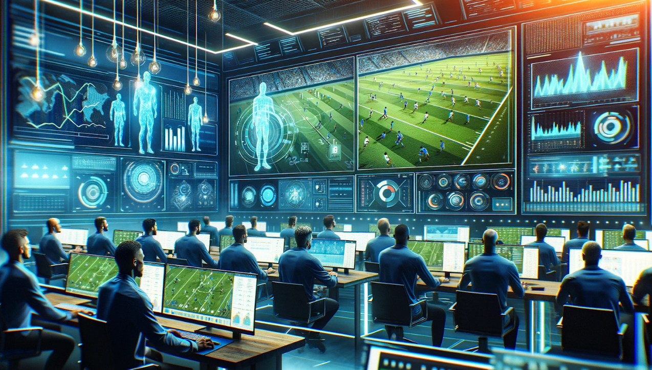 Football analysts looking at multiple screens