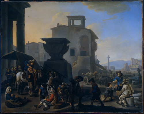 Lingelbach, Johannes Итальянский рынок и трактир, 1651, 68,5 cm х 86 cm, Холст, масло