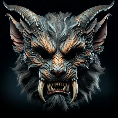 DALL·E 2024 05 09 21.34.25 A masquerade mask inspired by a bugbear, a creature from folklore. The ma.webp