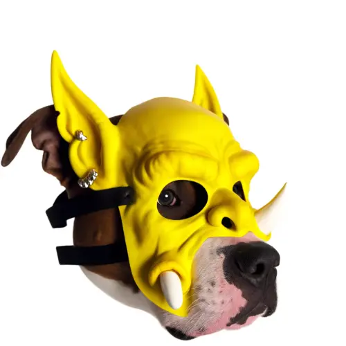DALL·E 2024 05 09 21.34.20 A masquerade mask designed for a pit bull dog, inspired by a yellow orc. .webp