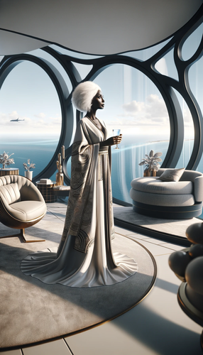 DALL·E 2023 12 18 11.54.01 Create an image of an older dark skinned woman with white hair, standing .png
