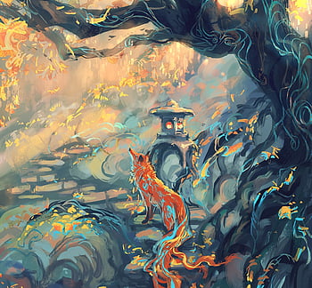 desktop wallpaper fox orange wenqing yan blue art vulpe tree yuumei fantasy autumn luminos toamna th.jpg