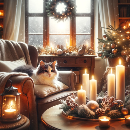 DALL·E 2023 12 14 13.59.55 Imagine a cozy winter scene inside a living room. There's a cat with whit.png