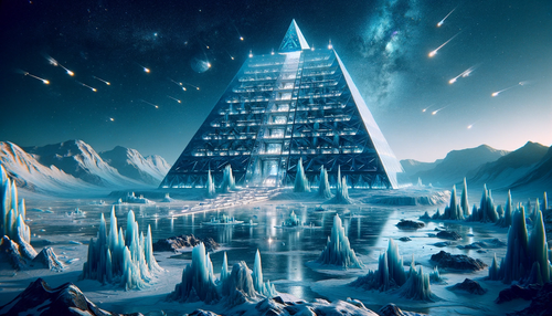 DALL·E 2023 12 15 21.33.05 Construct a panoramic image of an extraterrestrial ice world, featuring a.png