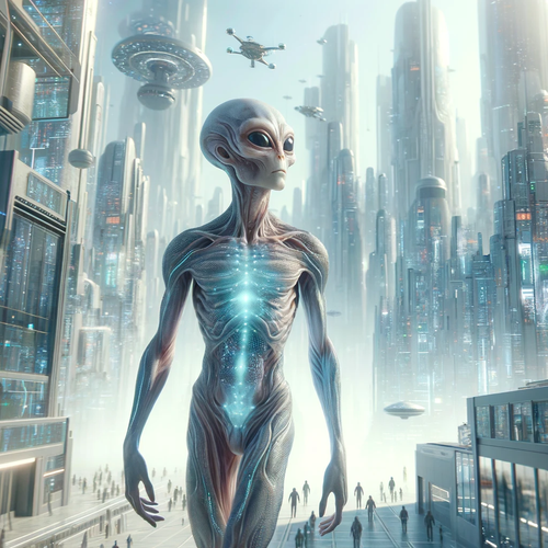 DALL·E 2023 12 14 15.17.35 Create an image of an alien being in a futuristic city. The alien is huma.png