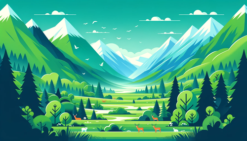 DALL·E 2024 01 01 17.29.45 A vibrant, simplified green valley teeming with a touch of wildlife, set .png