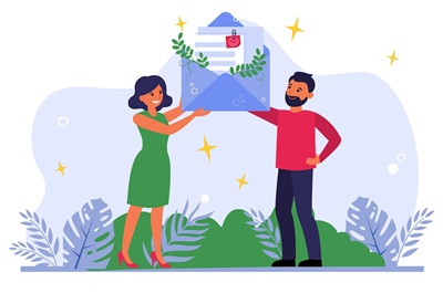 Man and woman receiving grateful letter. Newsletter, message, envelope flat vector illustration. Goo.jpg