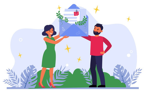 Man and woman receiving grateful letter. Newsletter, message, envelope flat vector illustration. Goo.jpg