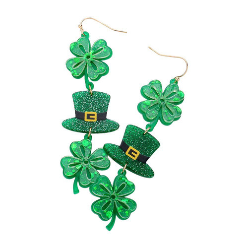 St Patrick's Day Acetate Clover Hat Link Dropdown Earrings.jpg