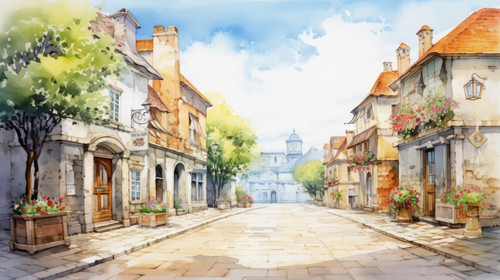 A watercolor portrayal of a quaint village street 00078 00.jpg