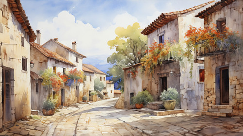 A watercolor portrayal of a quaint village street 00078 01.jpg