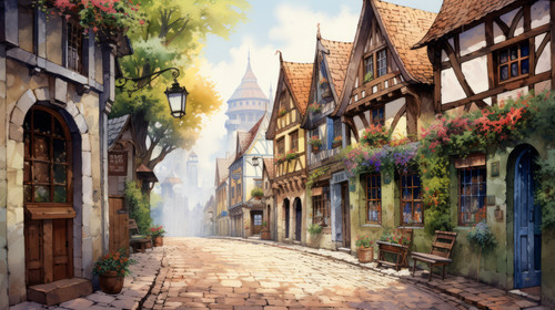An old cobblestone street in Europe illustrated in watercolors 00096 02.jpg