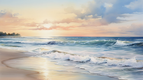 A tranquil beach scene in watercolors featuring the ocean sand and a setting sun 00006 02.jpg