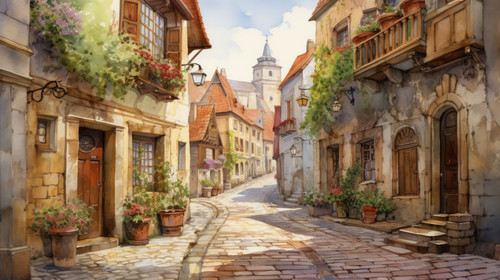 An old cobblestone street in Europe illustrated in watercolors 00096 03.jpg