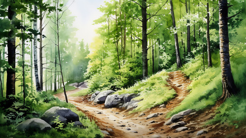 A forest scene with green trees and a path depicted in watercolors 00001 02.jpg