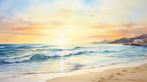 A tranquil beach scene in watercolors featuring the ocean sand and a setting sun 00006 03.jpg