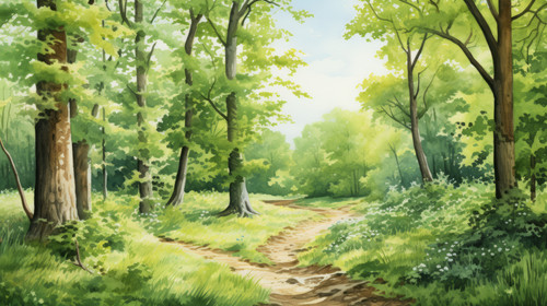 A forest scene with green trees and a path depicted in watercolors 00001 00.jpg
