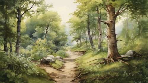 A forest scene with green trees and a path depicted in watercolors 00001 01.jpg