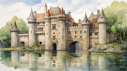 A watercolor depiction of a medieval castle surrounded by a moat 00018 02.jpg