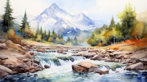 A serene mountain landscape in watercolors with a clear sky and a flowing river 00004 01.jpg