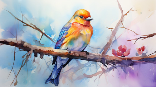 A watercolor painting of a colorful bird perched on a branch 00053 01.jpg