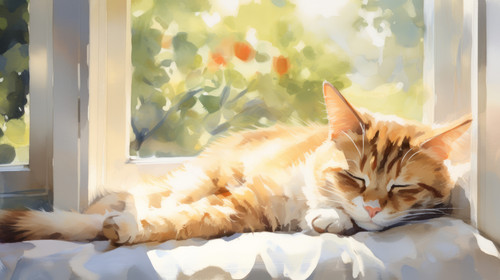 A watercolor painting of a cat napping in a sunny window 00051 02.jpg