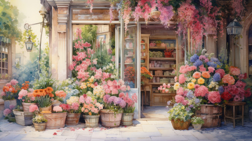 A watercolor painting of a flower shop front with various flowers 00060 01.jpg