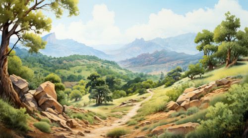 A watercolor painting of a scenic hiking trail in the mountains 00068 00.jpg