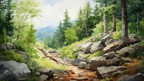 A watercolor painting of a scenic hiking trail in the mountains 00068 01.jpg
