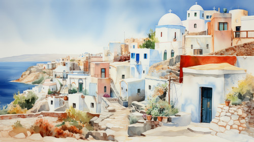 A watercolor painting of a traditional Greek village 00069 01.jpg