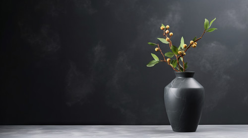 Black ceramic vase table against black marble background with copy space High quality photo stock wa.jpg